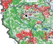 Rot und grün markierte Gebiete auf Landkarte; in der Mitte schwarzer Punkt und Schrift Ansbach