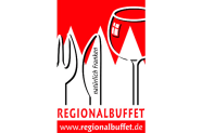 Logo Regionalbuffet mit fränkischem Rechen, Weinglas und Besteck
