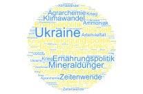 Kreisförmige Wortwolke mit Worten Ukraine, Minderaldünger, Zeitenwende 