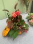 Tisch mit Blumengesteck, aufgeschnittener Kürbis in den Blätter, Rosen, Gräser, Beeren und Distelköpfe stecken