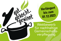 Logo mit grafischer Darstellung eines Kochtopfs und Schriftzug gut.gekocht.gewinnt