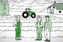 Gezeichnetes Bild: 3 Personen stehen auf Feld vor Traktor, Bauernhof, Bäumen und Bergen
